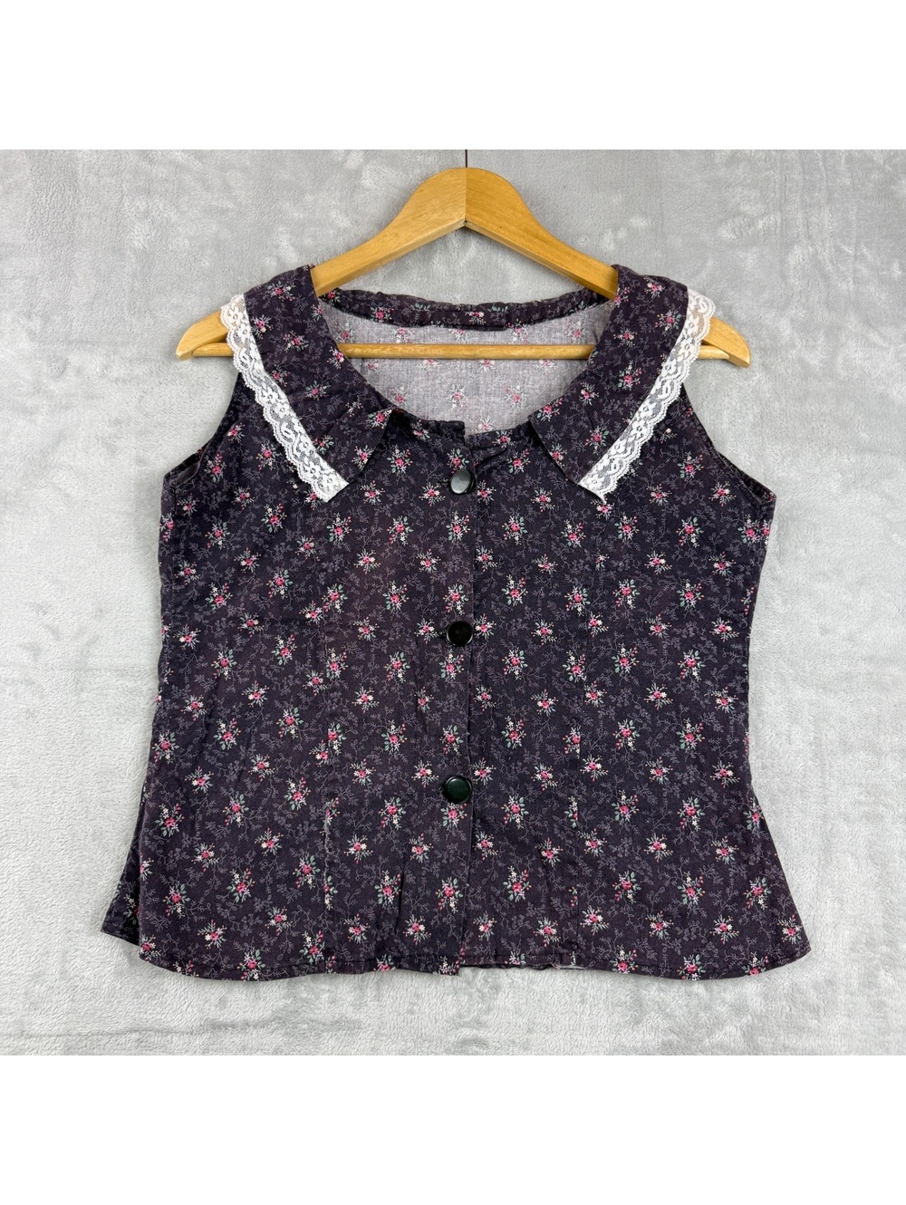 Womens Floral Sleeveless Blouse Lace Collar Button Front Cottagecore Vintage